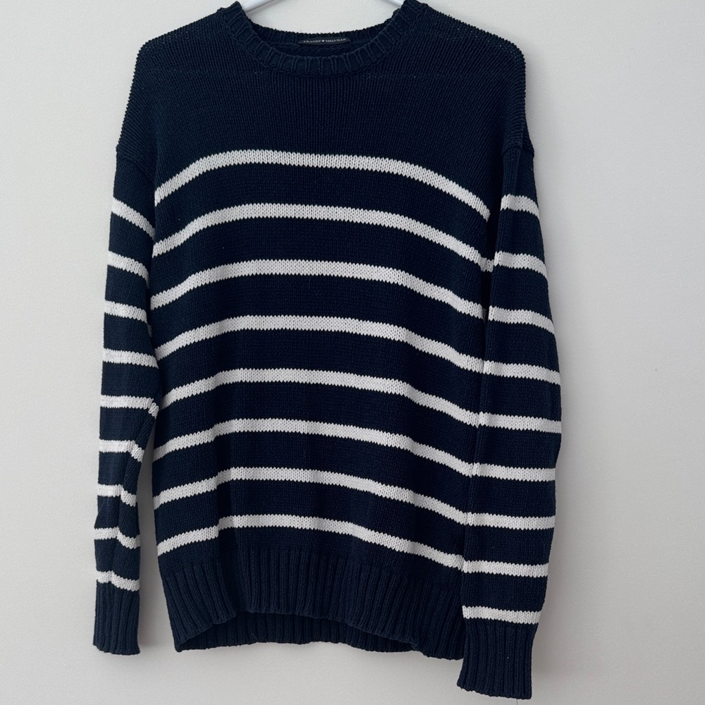Brandy Melville Dark Blue and White Striped Crewneck Sweater